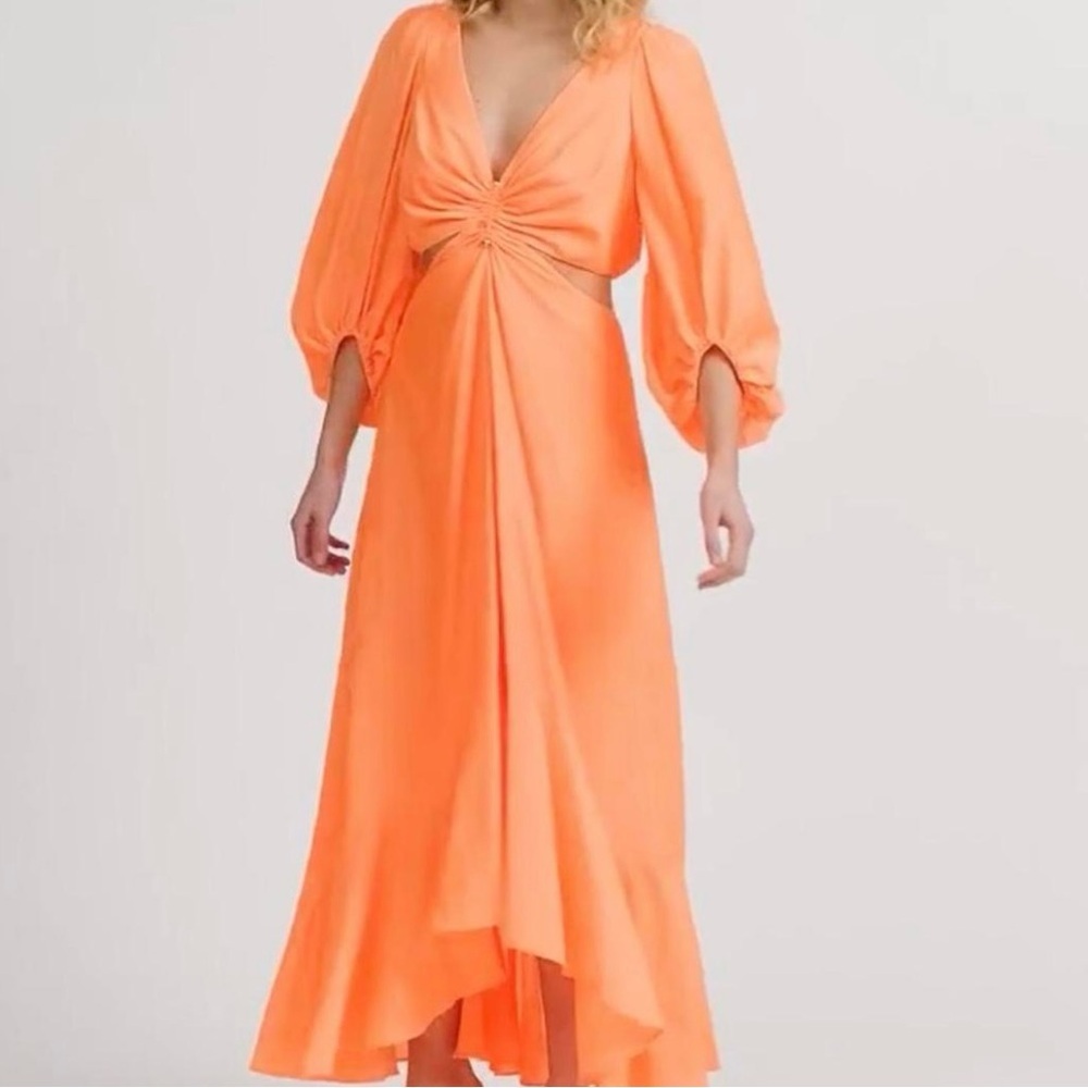 SHEIKE Orange Cutout Midi Dress Puff Sleeve Ruched Front Boho Flowy